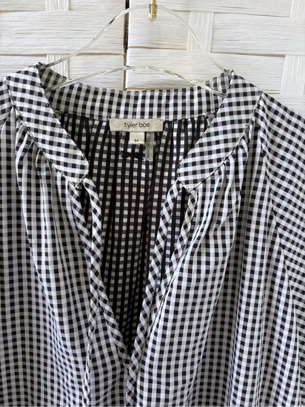 Tyler Boe Medium Black White Gingham Tier Babydoll Mini Dress Cotton Tie V Neck - Picture 4 of 12